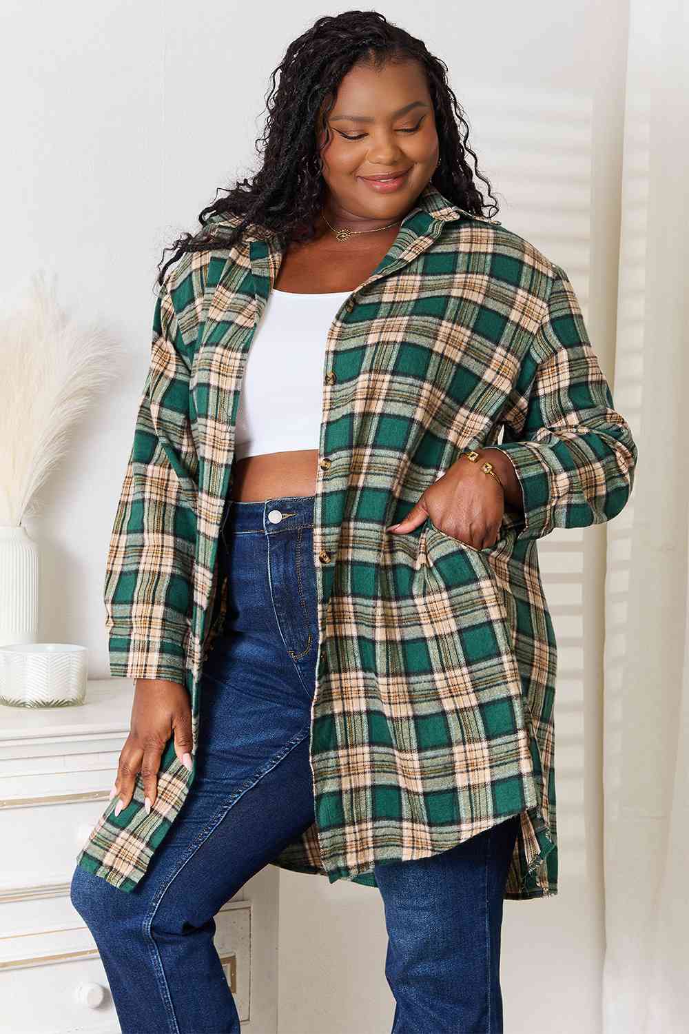 Double Take Plaid Collared Neck Long Sleeve Shirt - AllIn Computer