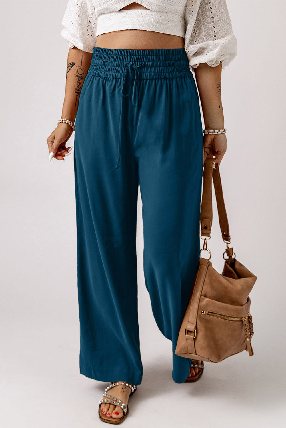 Drawstring Smocked Waist Wide Leg Pants - AllIn Computer