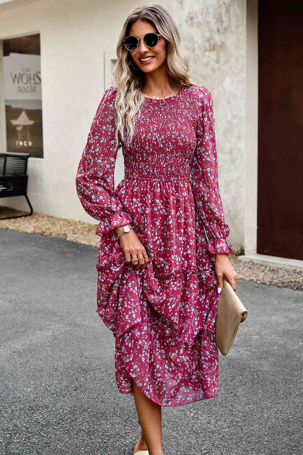 Smocked Flounce Sleeve Midi Dress - AllIn Computer