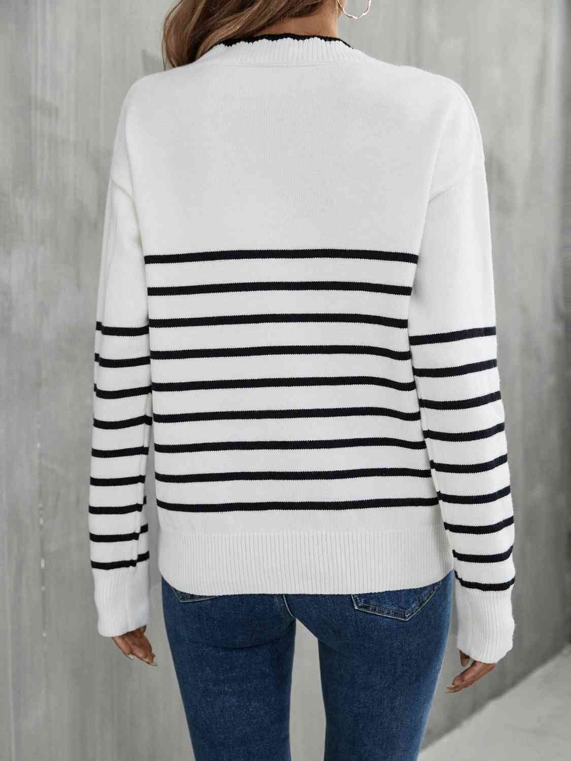 Striped V-Neck Drop Shoulder Sweater - AllIn Computer