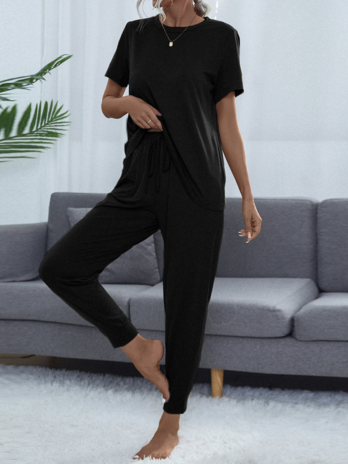 Round Neck Short Sleeve Top and Pants Set - AllIn Computer