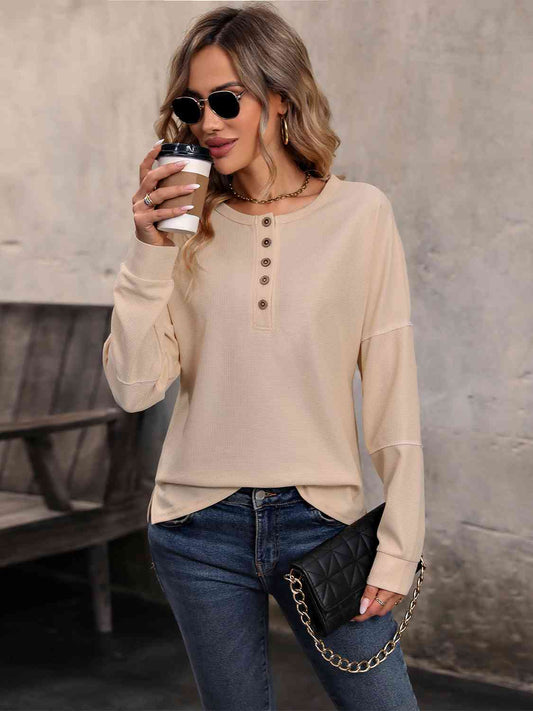 Round Neck Buttoned Slit Long Sleeve Top - AllIn Computer