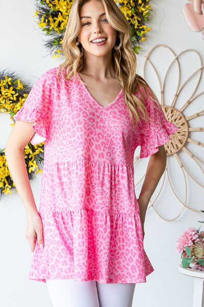 Heimish Full Size Leopard Ruffle Trim Short Sleeve Top - AllIn Computer