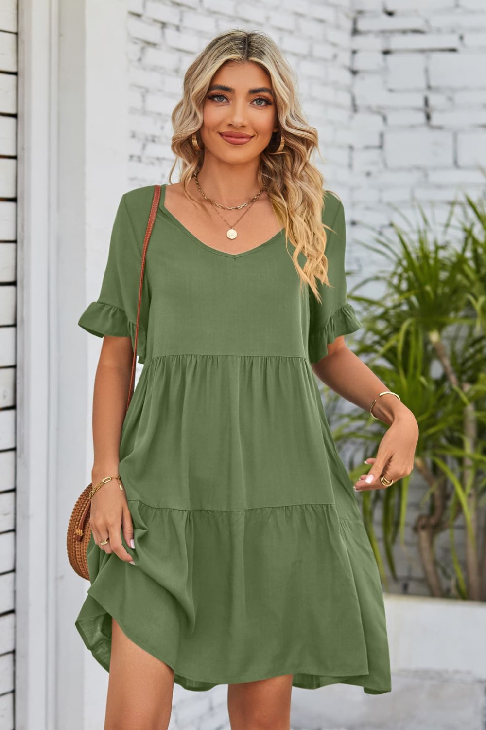 V-Neck Flounce Sleeve Tiered Dress - AllIn Computer