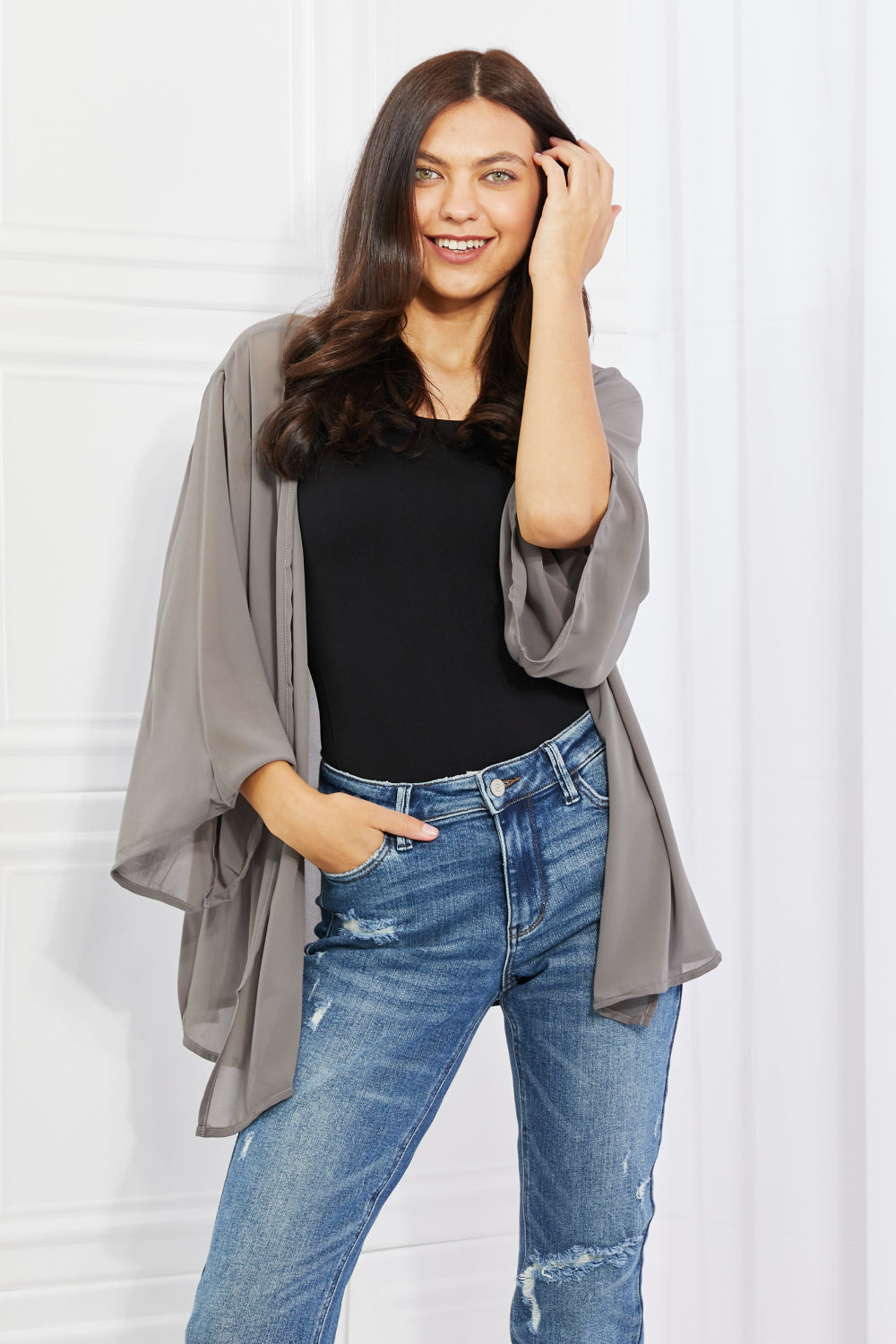 Melody Just Breathe Full Size Chiffon Kimono in Grey - AllIn Computer