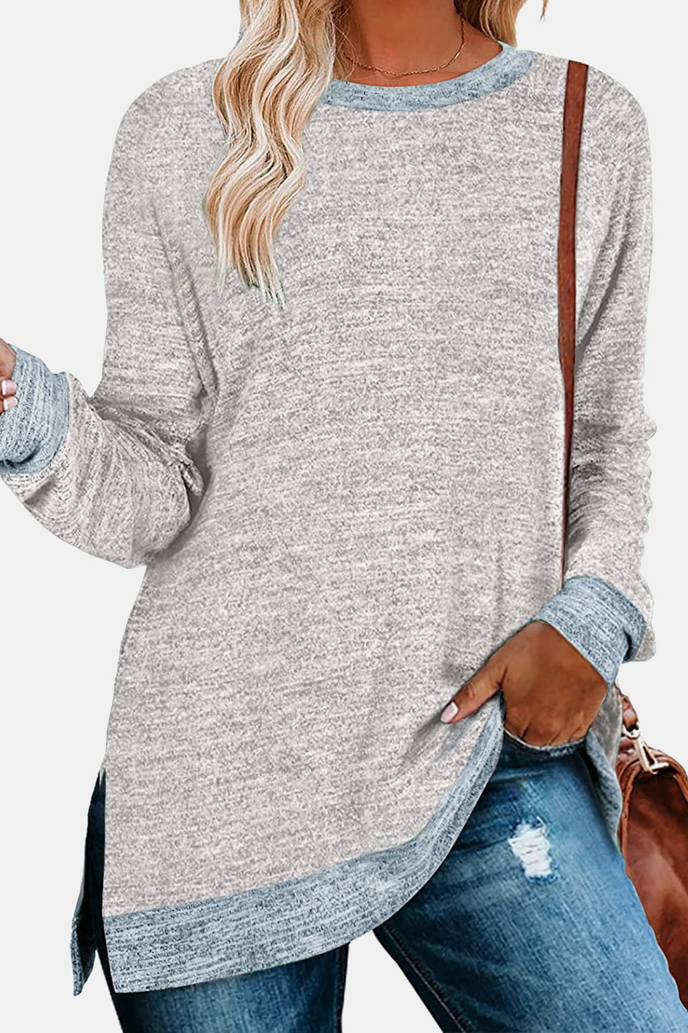 Round Neck Long Sleeve Slit T-Shirt - AllIn Computer