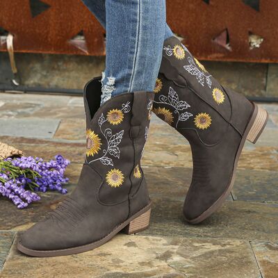 Sunflower Embroidered Block Heel Boots - AllIn Computer