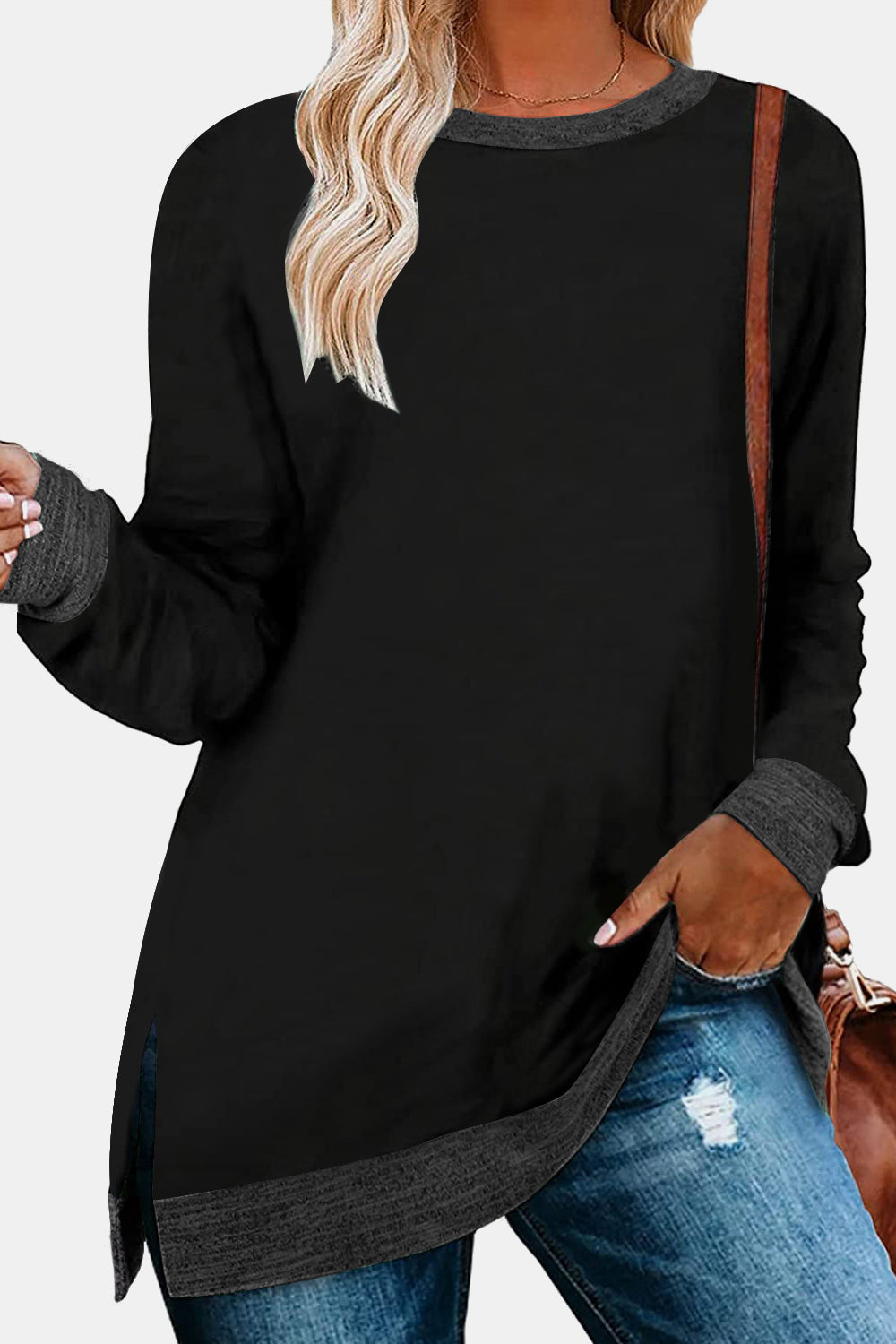 Round Neck Long Sleeve Slit T-Shirt - AllIn Computer