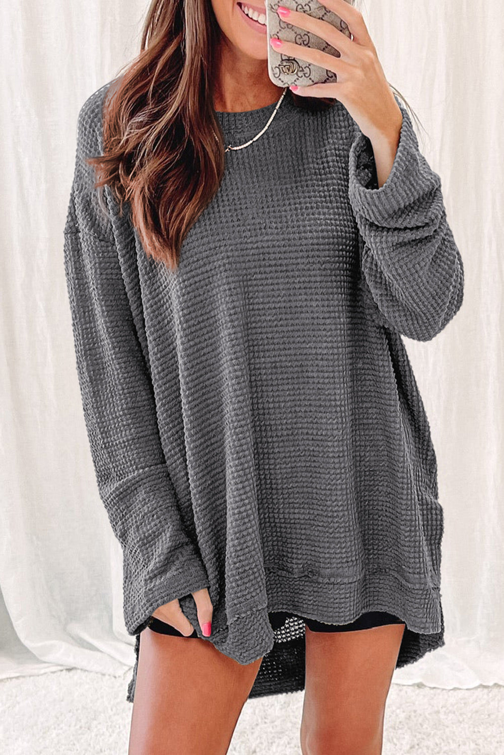 Waffle-Knit Round Neck Long Sleeve Sweatshirt - AllIn Computer