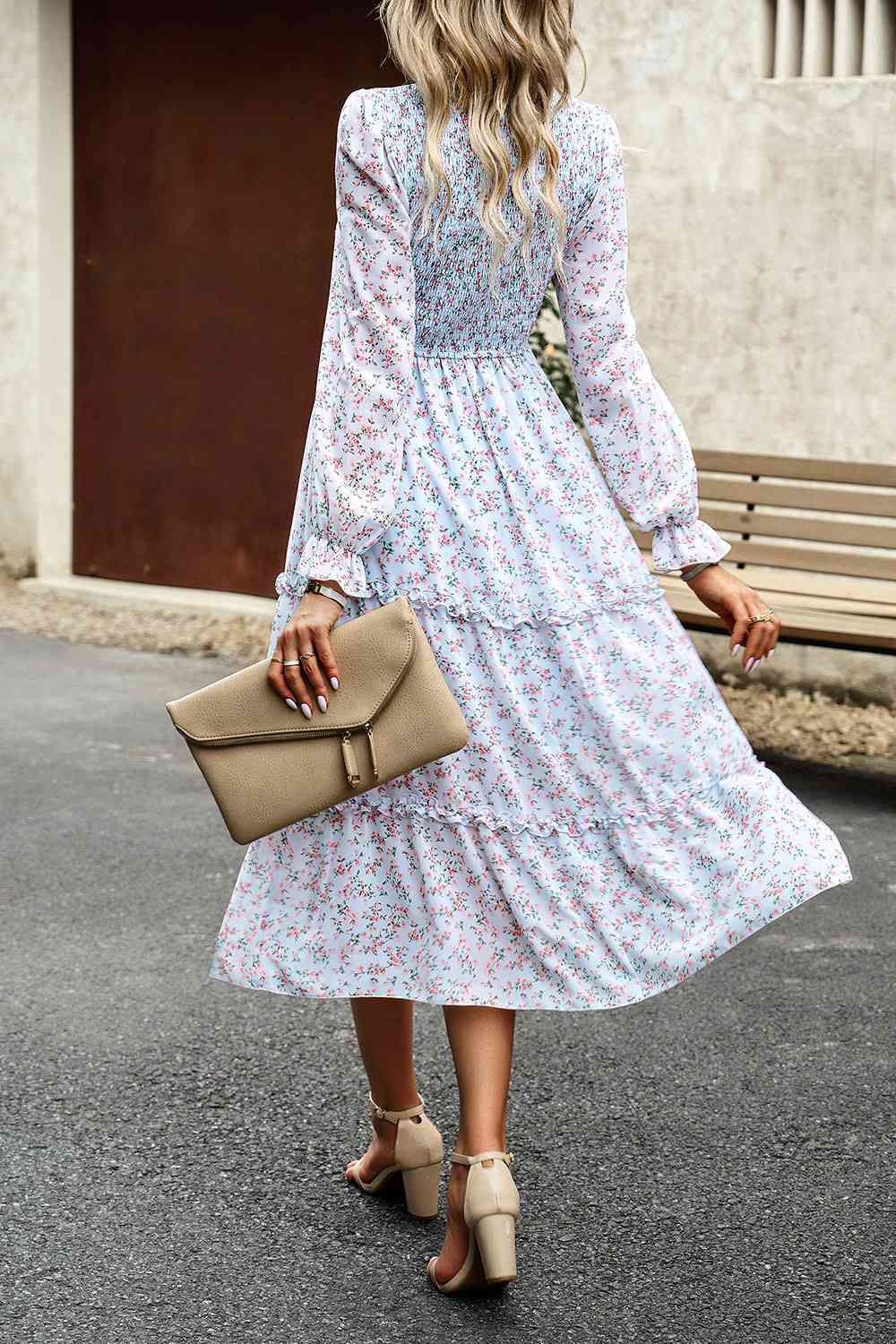 Smocked Flounce Sleeve Midi Dress - AllIn Computer
