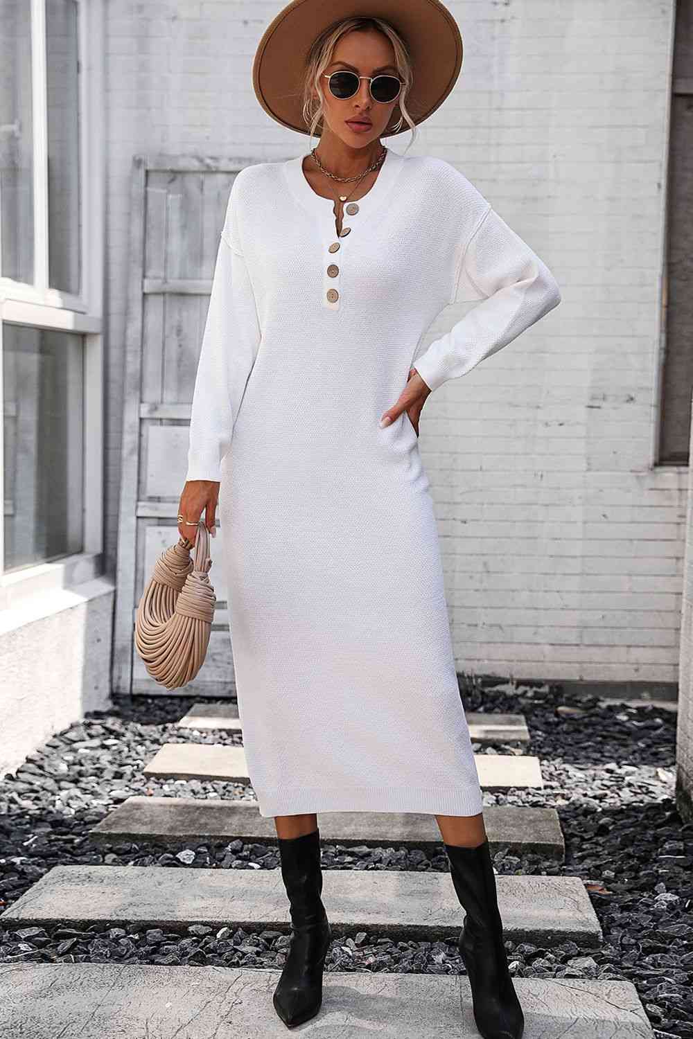 Notched Neck Dropped Shoulder Button-Down Midi Dress - AllIn Computer