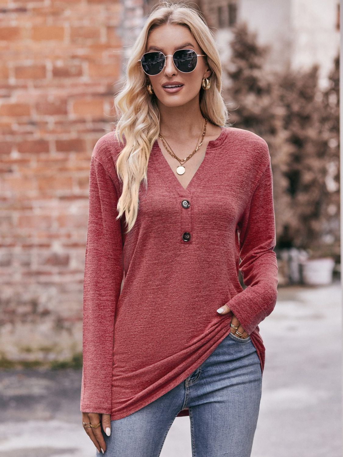 Double Take Buttoned Notched Neck Long Sleeve Top - AllIn Computer