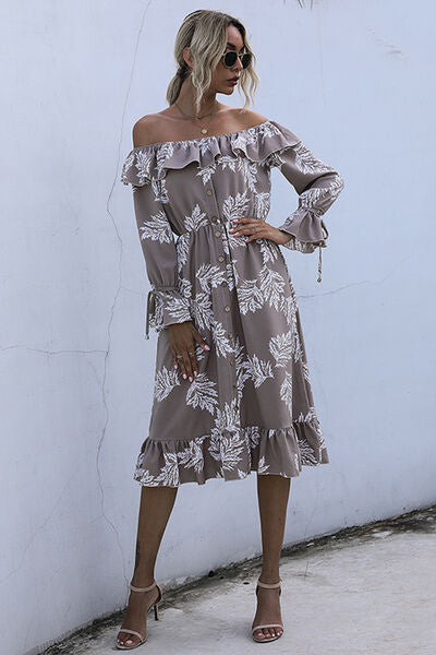 Ruffled Printed Off-Shoulder Midi Dress - AllIn Computer