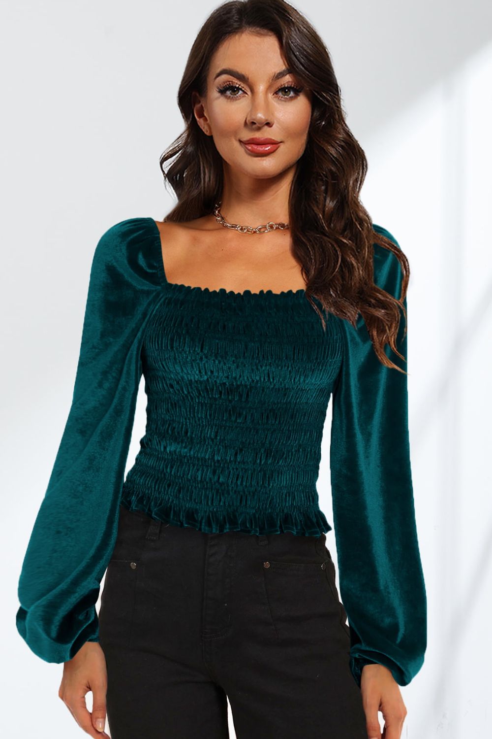 Double Take Smocked Square Neck Long Sleeve Blouse - AllIn Computer