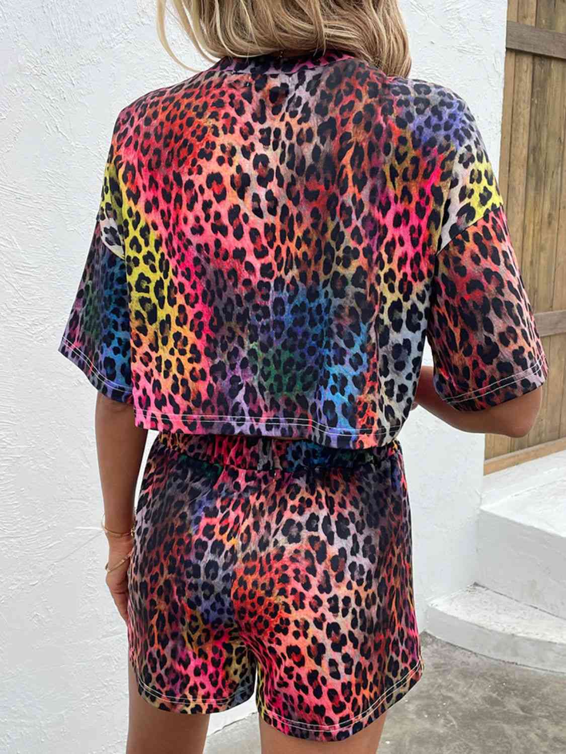 Leopard Round Neck Dropped Shoulder Half Sleeve Top and Shorts Set - AllIn Computer
