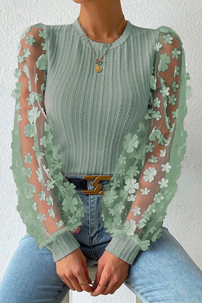 Double Take Textured Applique Long Sleeve Blouse - AllIn Computer