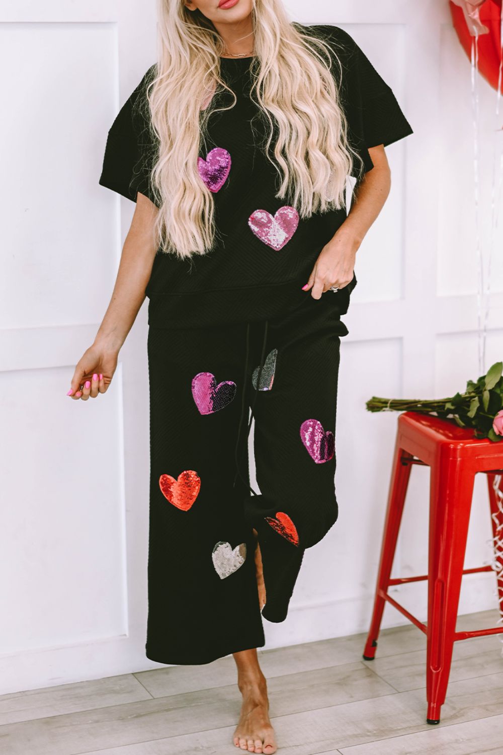 Heart Sequin Short Sleeve Top and Drawstring Pants Lounge Set - AllIn Computer
