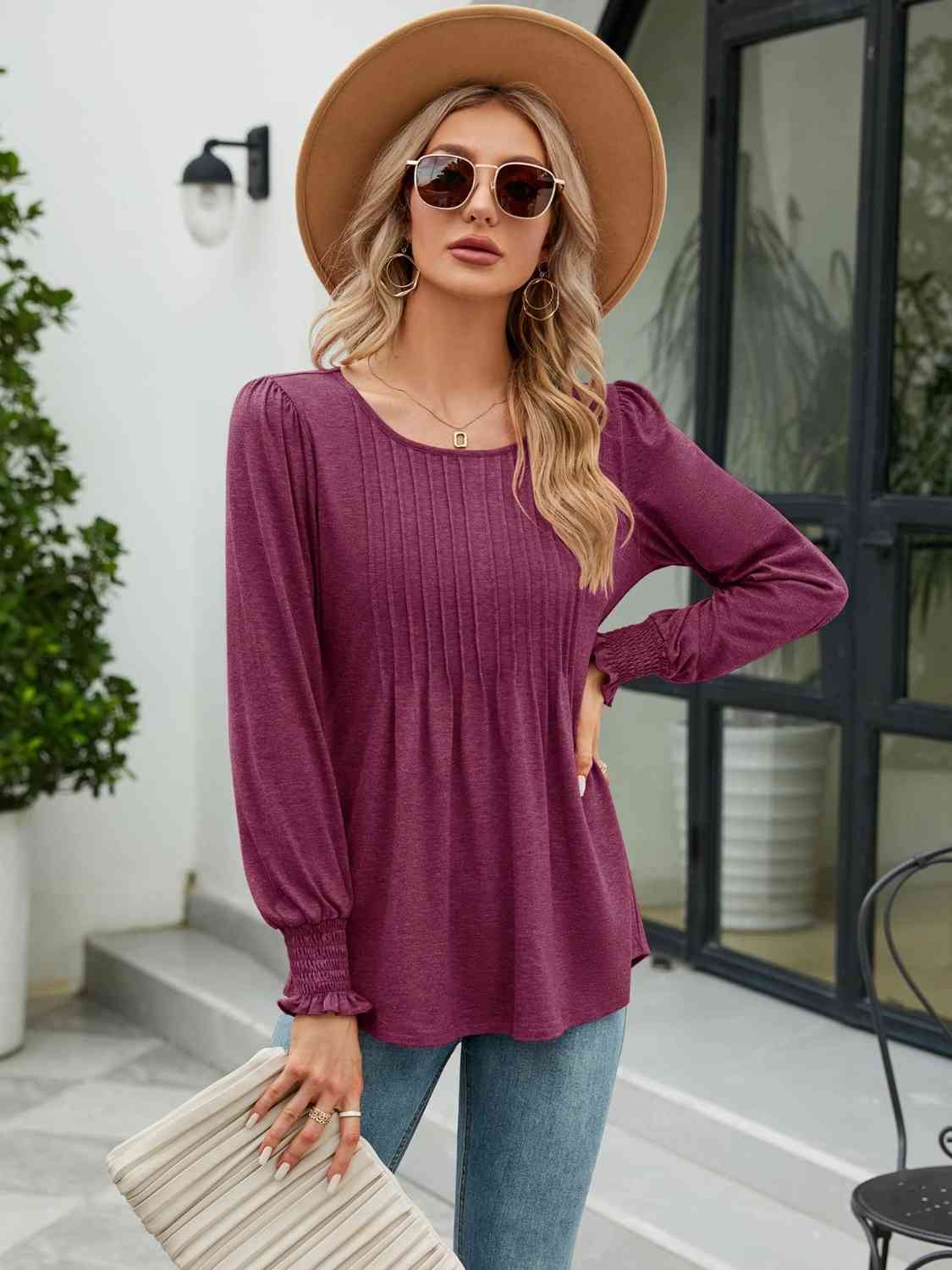 Smocked Round Neck Lantern Sleeve Blouse - AllIn Computer
