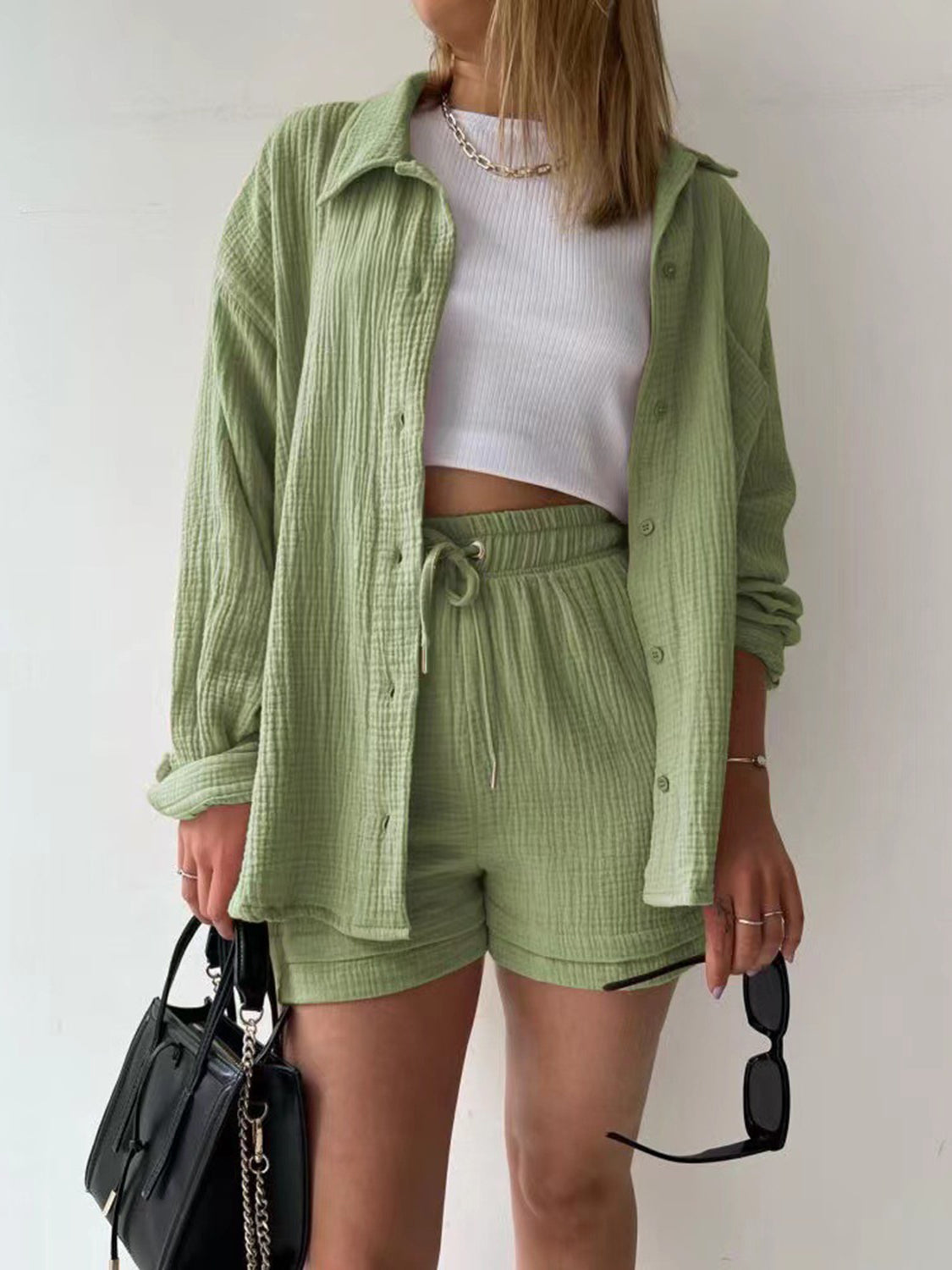 Texture Button Up Shirt and Drawstring Shorts Set - AllIn Computer