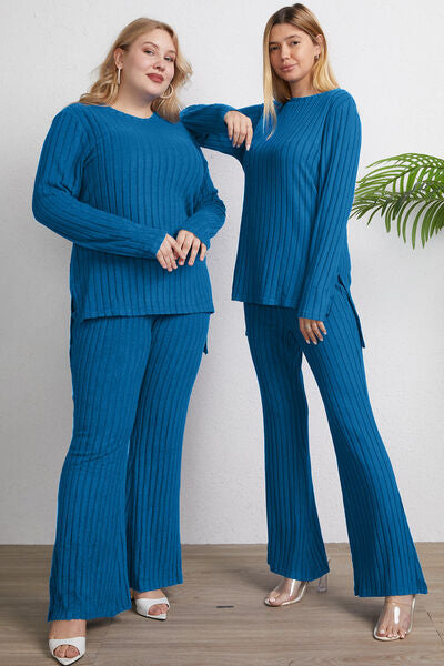 Basic Bae Full Size Ribbed High-Low Top and Wide Leg Pants Set - AllIn Computer