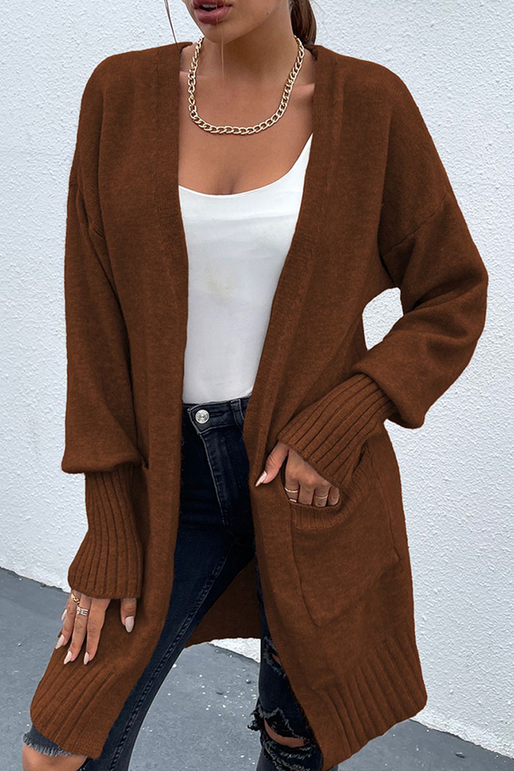 Open Front Dropped Shoulder Pocketed Cardigan - AllIn Computer