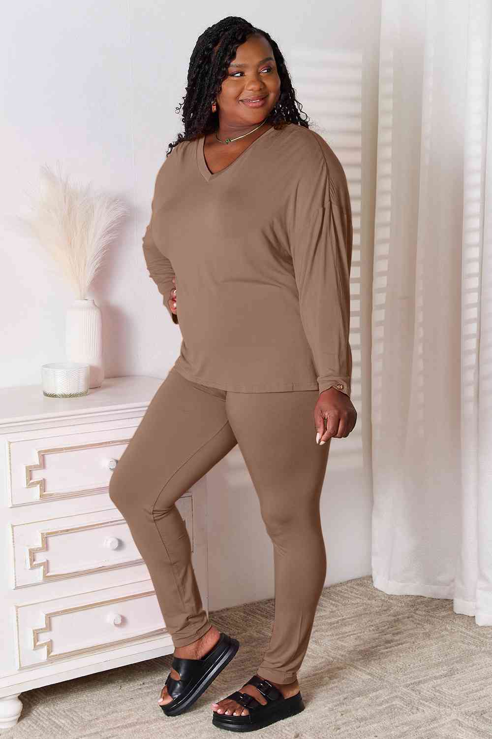 Basic Bae Full Size V-Neck Soft Rayon Long Sleeve Top and Pants Lounge Set - AllIn Computer