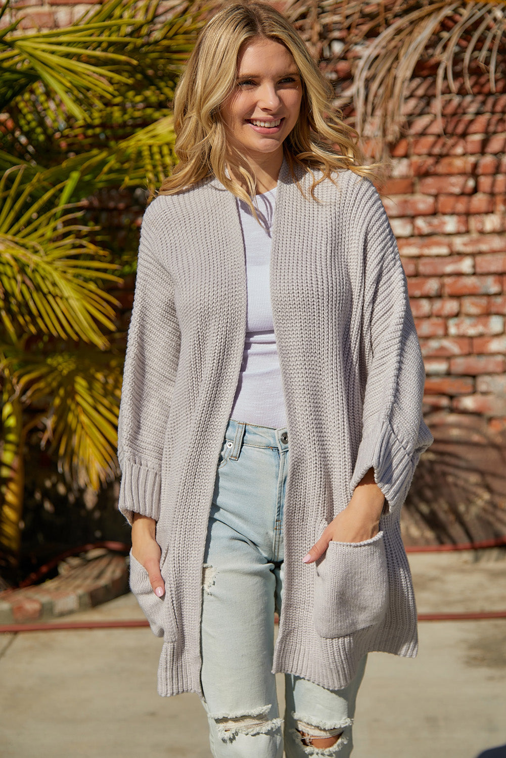 Waffle-Knit Long Sleeve Cardigan with Pocket - AllIn Computer