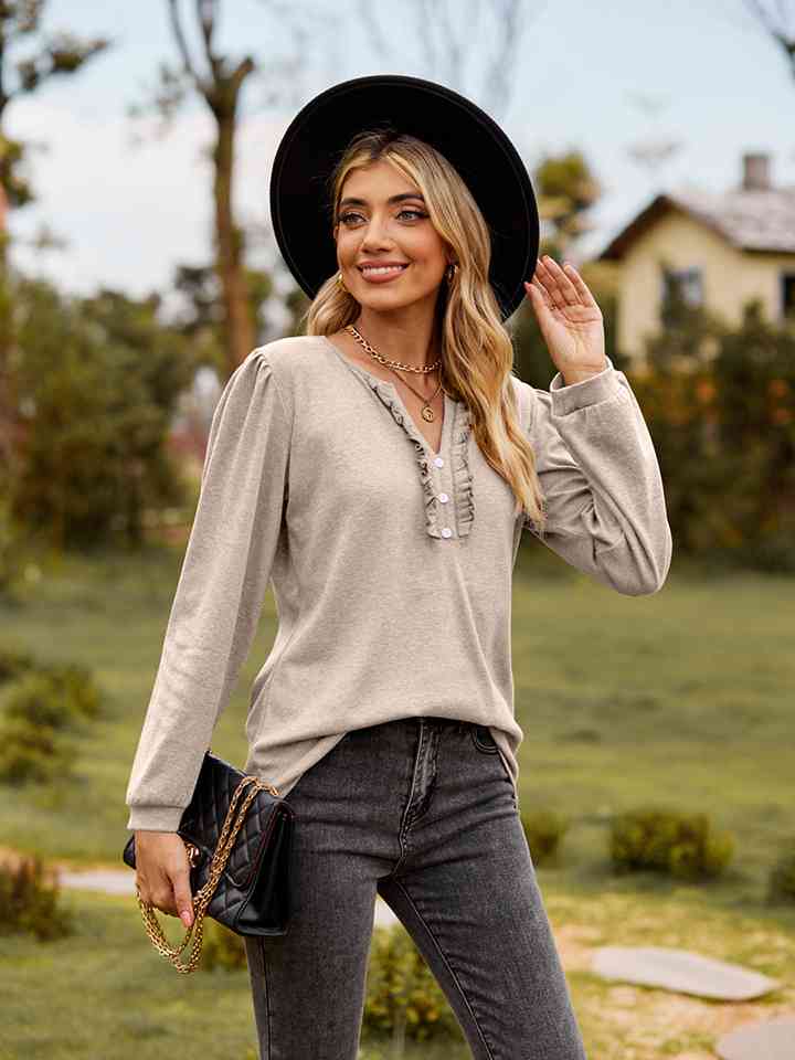 Puff Sleeve Ruffle Trim Blouse - AllIn Computer