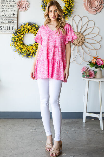 Heimish Full Size Leopard Ruffle Trim Short Sleeve Top - AllIn Computer