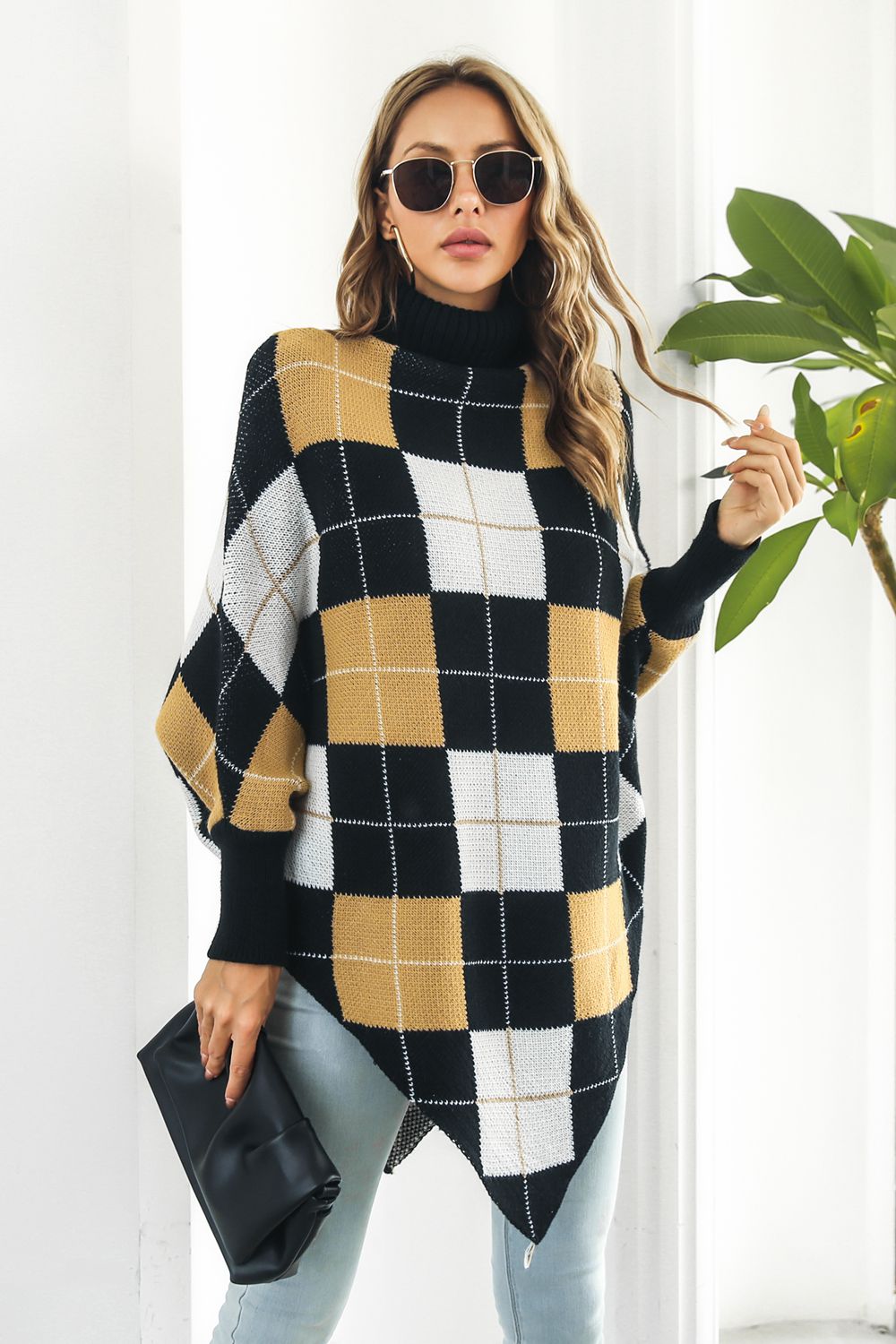 Plaid Turtleneck Dolman Sleeve Poncho - AllIn Computer