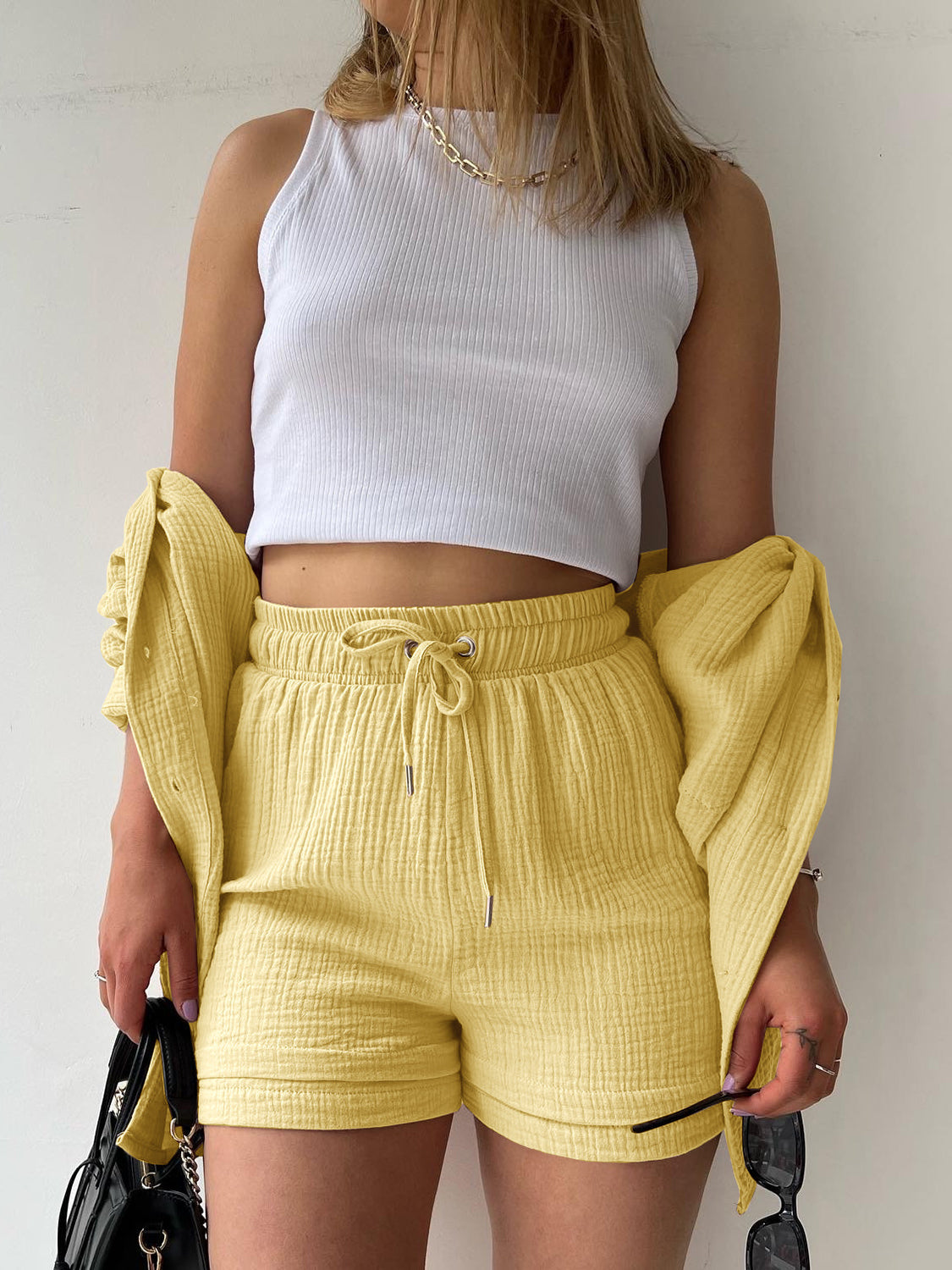 Texture Button Up Shirt and Drawstring Shorts Set - AllIn Computer