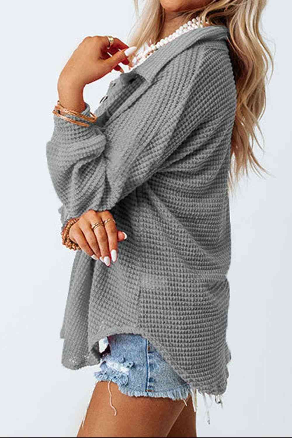 Waffle-Knit Button Up Long Sleeve Shirt with Pocket - AllIn Computer