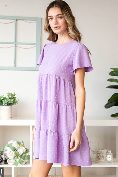 Heimish Full Size Swiss Dot Short Sleeve Tiered Dress - AllIn Computer
