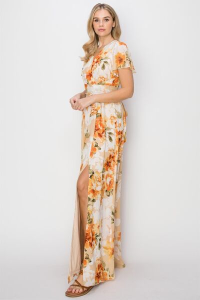 HYFVE Floral Tie Back Short Sleeve Slit Maxi Dress - AllIn Computer