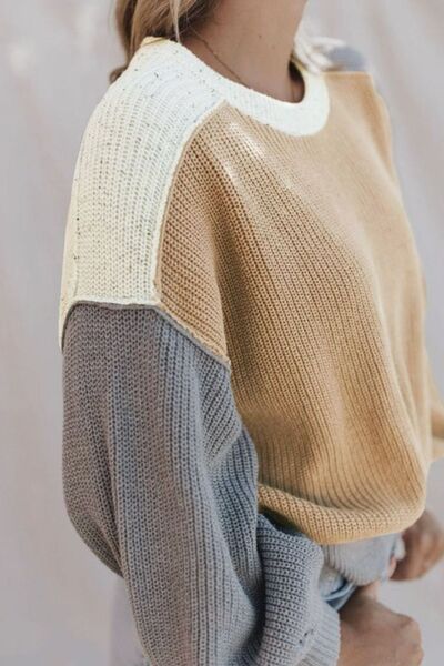 Color Block Round Neck Long Sleeve Sweater - AllIn Computer