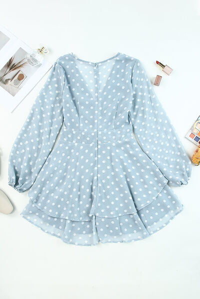 Tied Layered Polka Dot Balloon Sleeve Dress - AllIn Computer