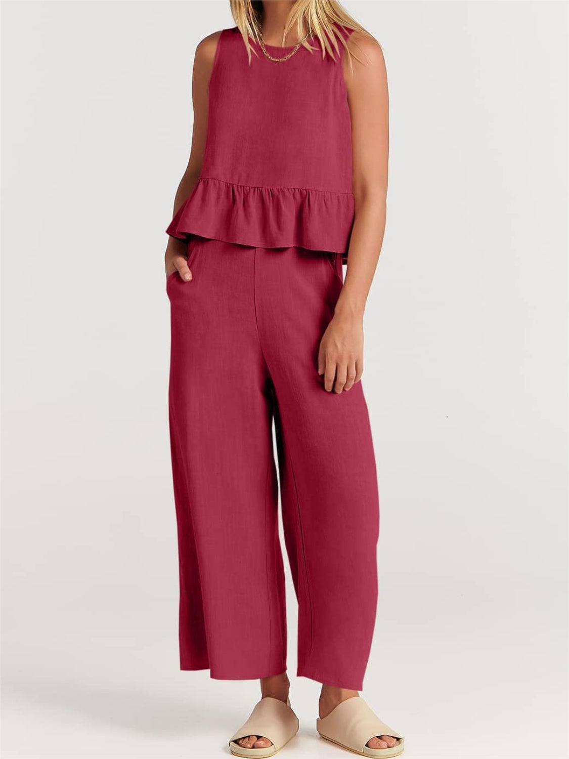 Full Size Round Neck Top and Wide Leg Pants Set - AllIn Computer