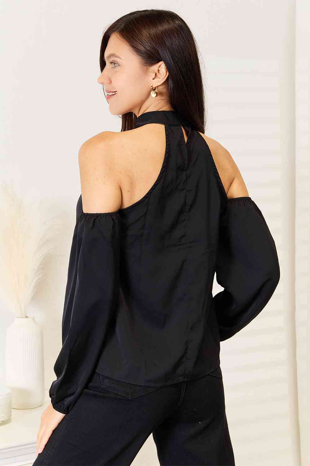 Double Take Grecian Cold Shoulder Long Sleeve Blouse - AllIn Computer