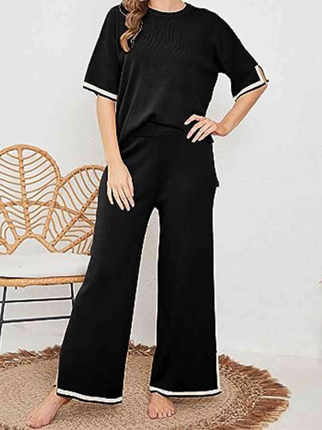 Contrast High-Low Sweater and Knit Pants Set - AllIn Computer