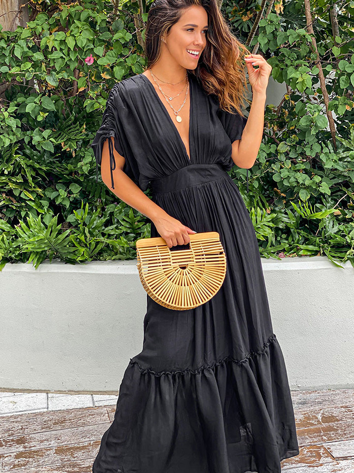 Plunge Neck Tie Sleeve Maxi Dress - AllIn Computer