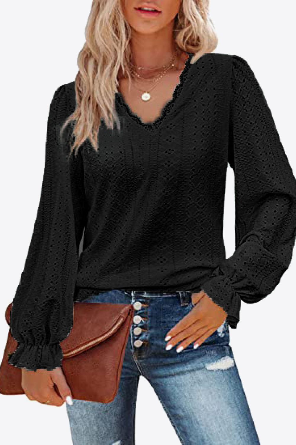 Eyelet V-Neck Flounce Sleeve Blouse - AllIn Computer