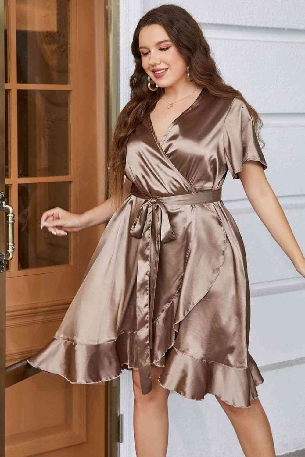 Plus Size Belted Ruffled Surplice Dress - AllIn Computer
