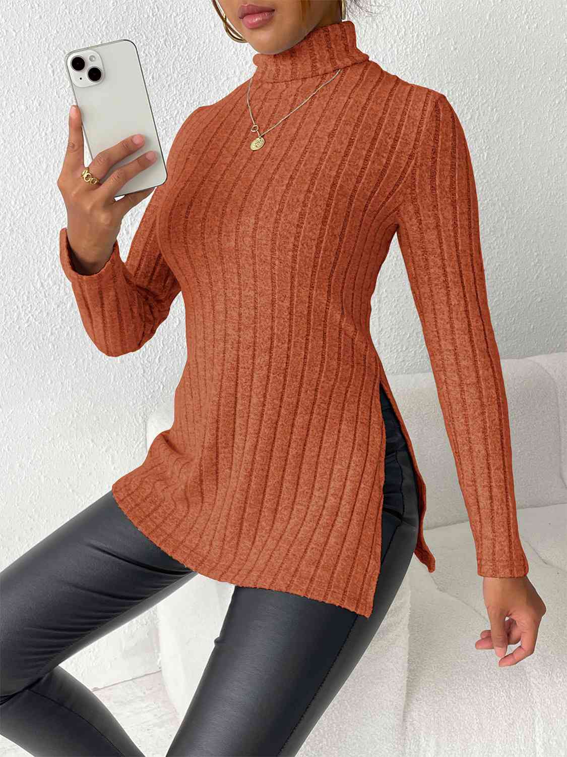 Ribbed Turtleneck Long Sleeve Slit T-Shirt - AllIn Computer