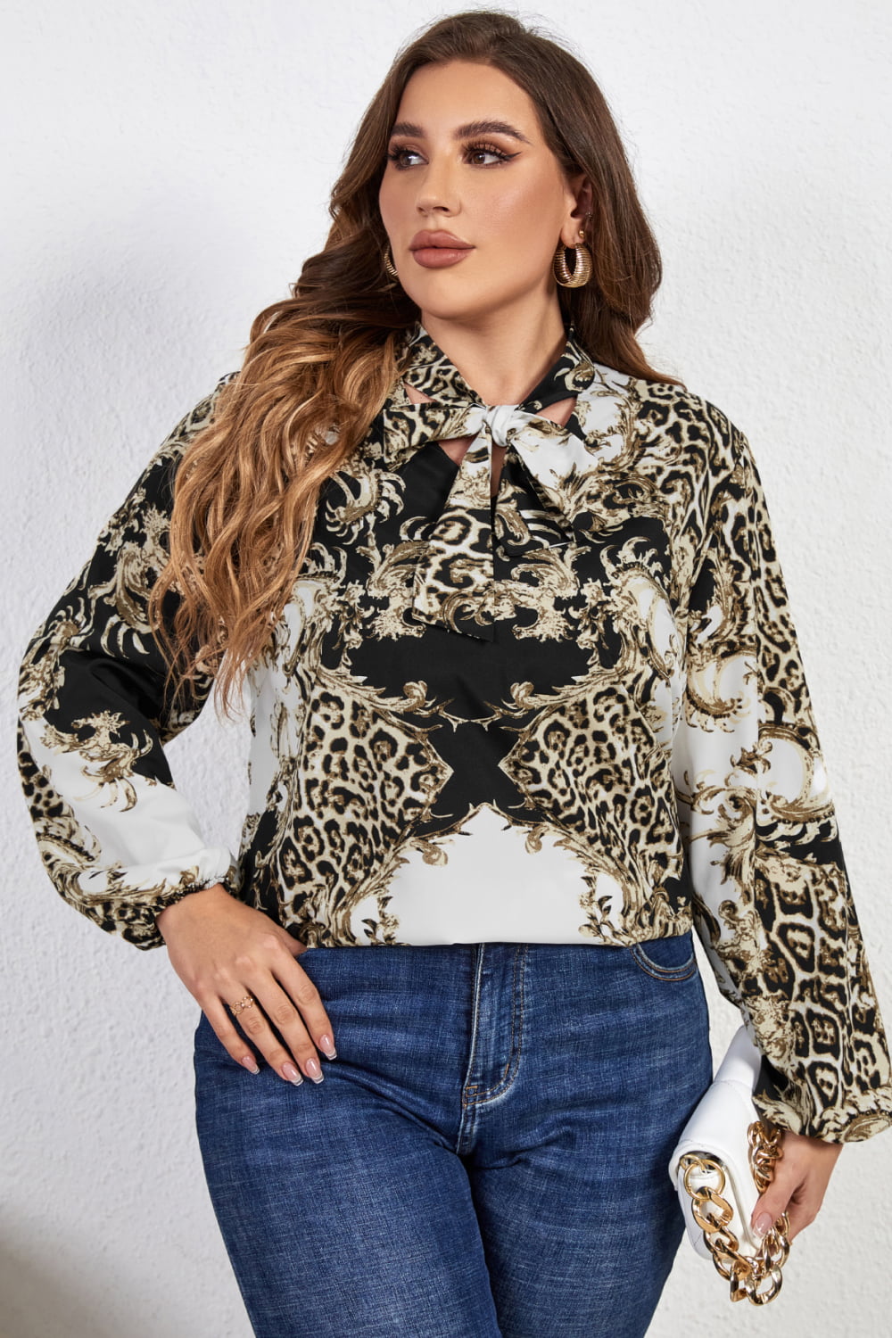 Melo Apparel Plus Size Printed Tie Neck Long Sleeve Blouse - AllIn Computer