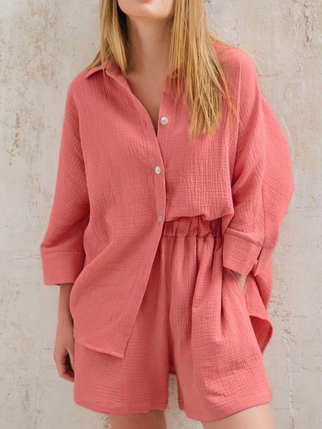Texture Button Up Shirt and Shorts Set - AllIn Computer