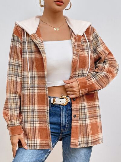 Plaid Button Up Drawstring Hooded Jacket - AllIn Computer