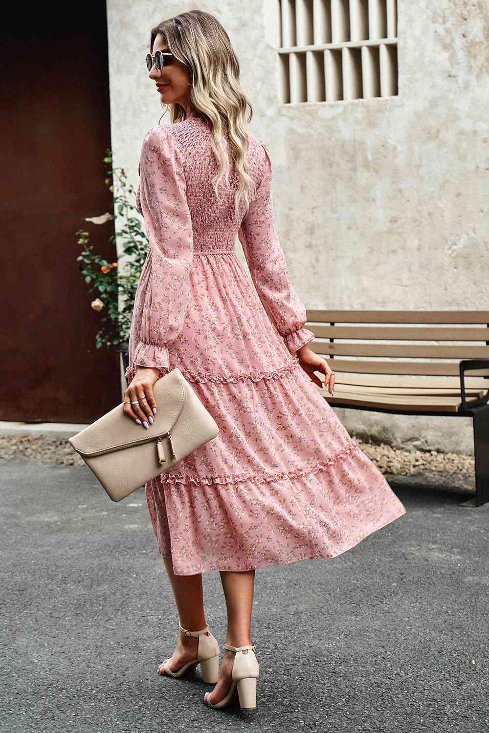 Smocked Flounce Sleeve Midi Dress - AllIn Computer