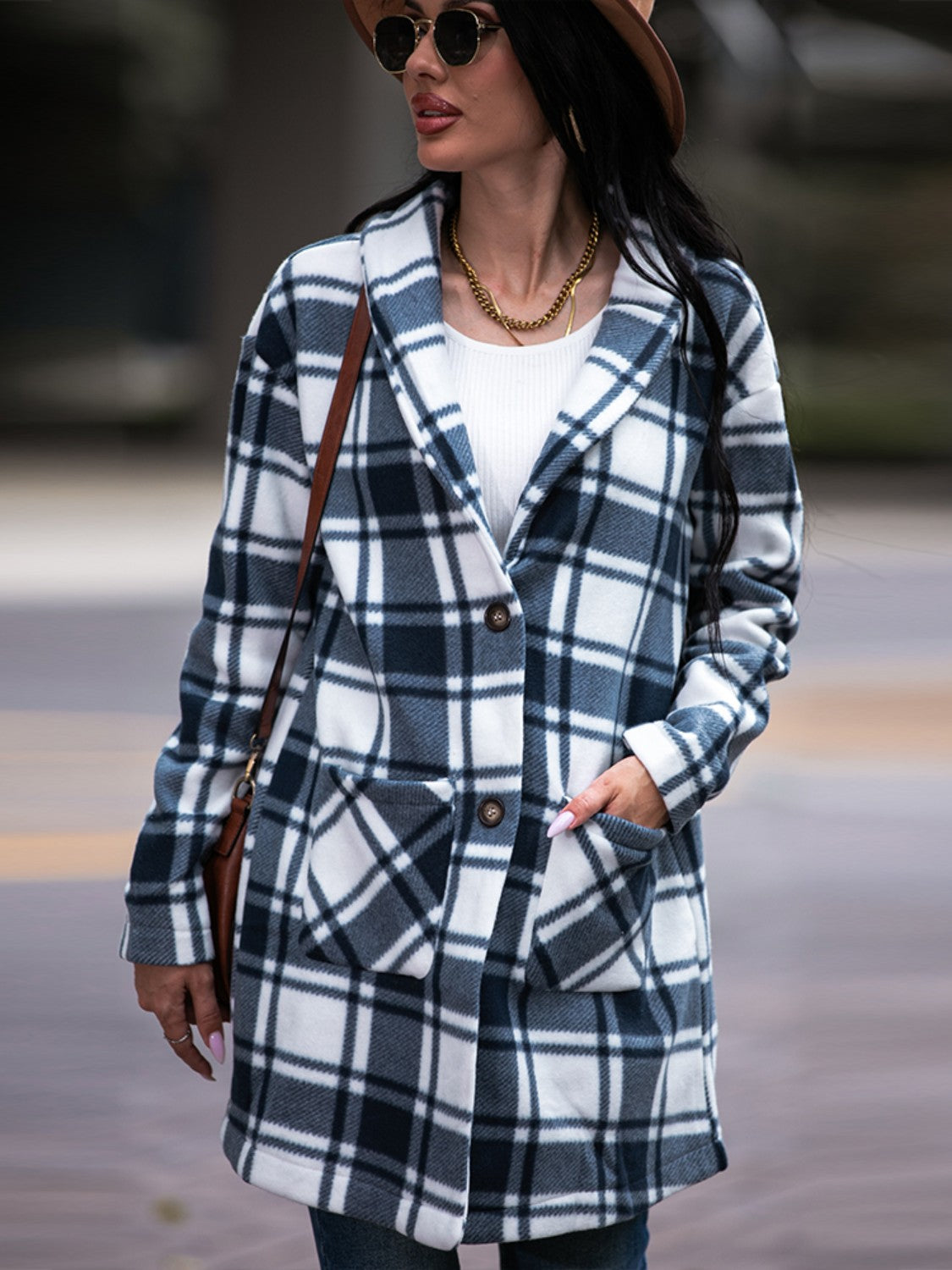 Plaid Shawl Collar Coat with Pockets - AllIn Computer