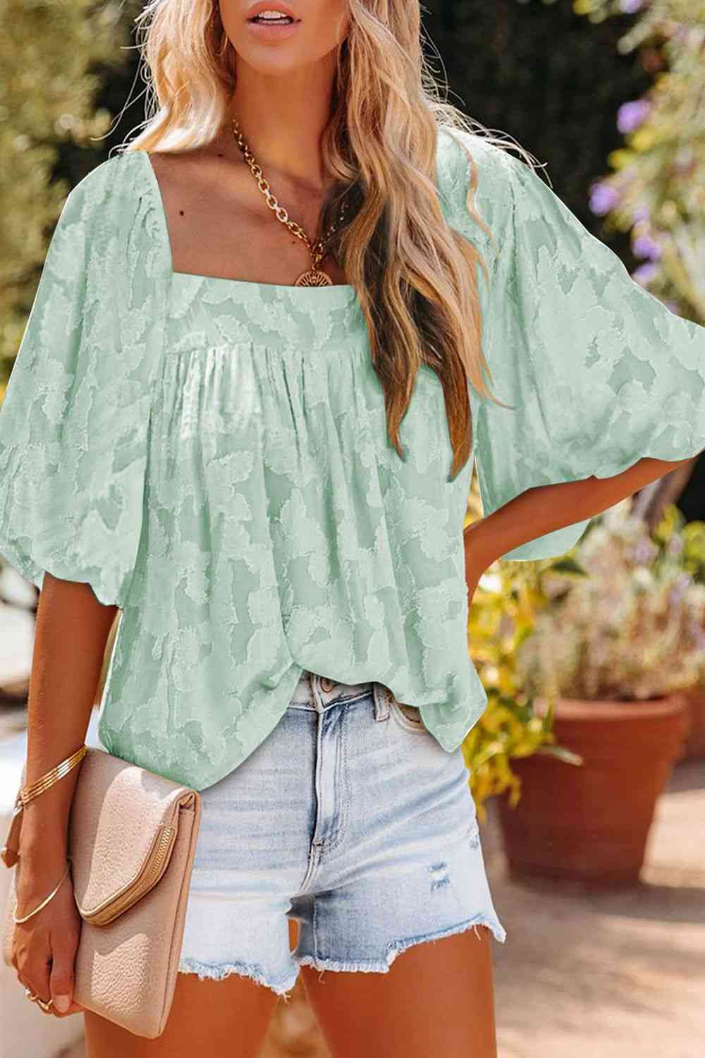 Square Neck Puff Sleeve Blouse - AllIn Computer