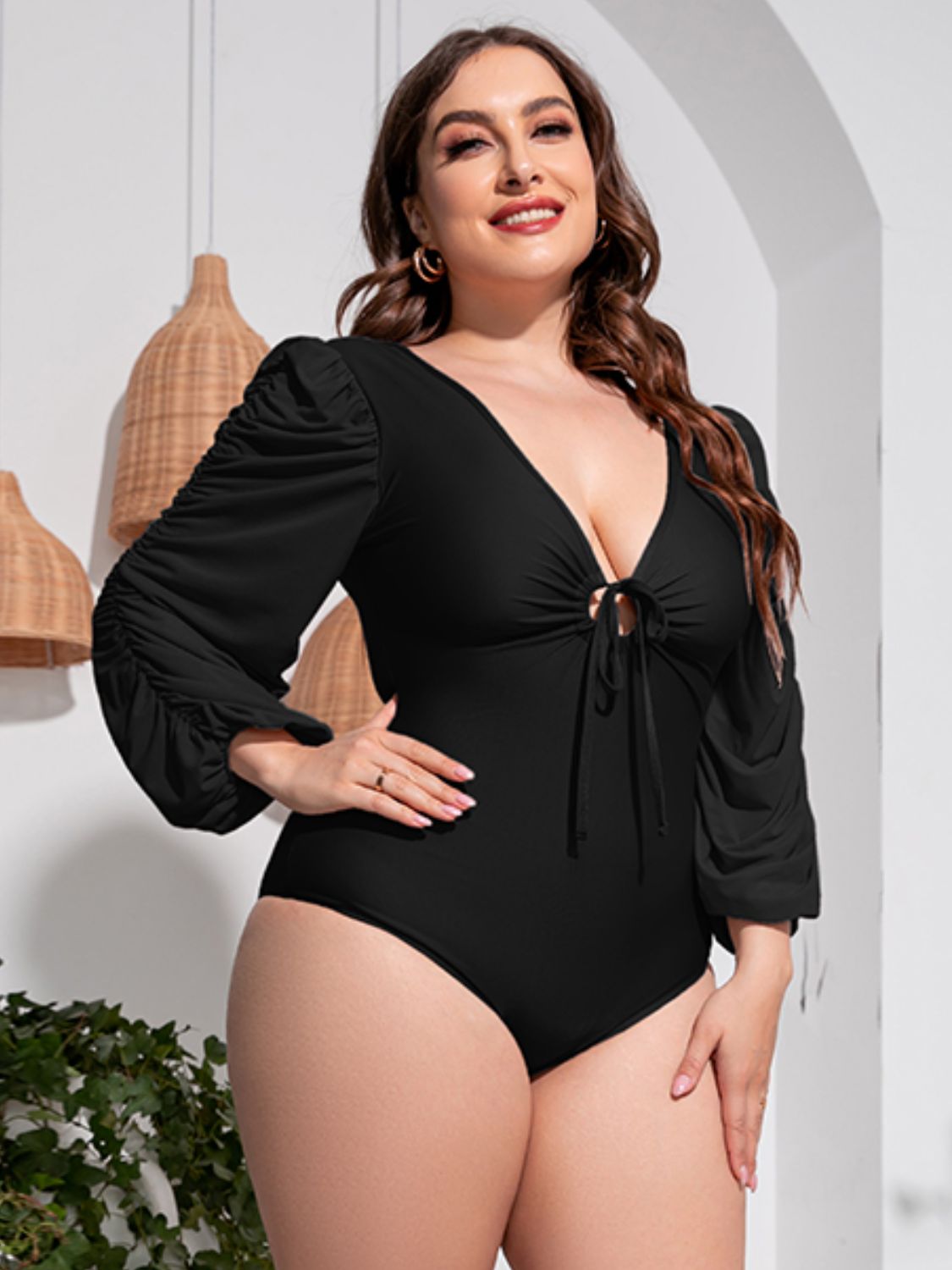 Plus Size Tied Deep V Balloon Sleeve One-Piece Swimsuit - AllIn Computer